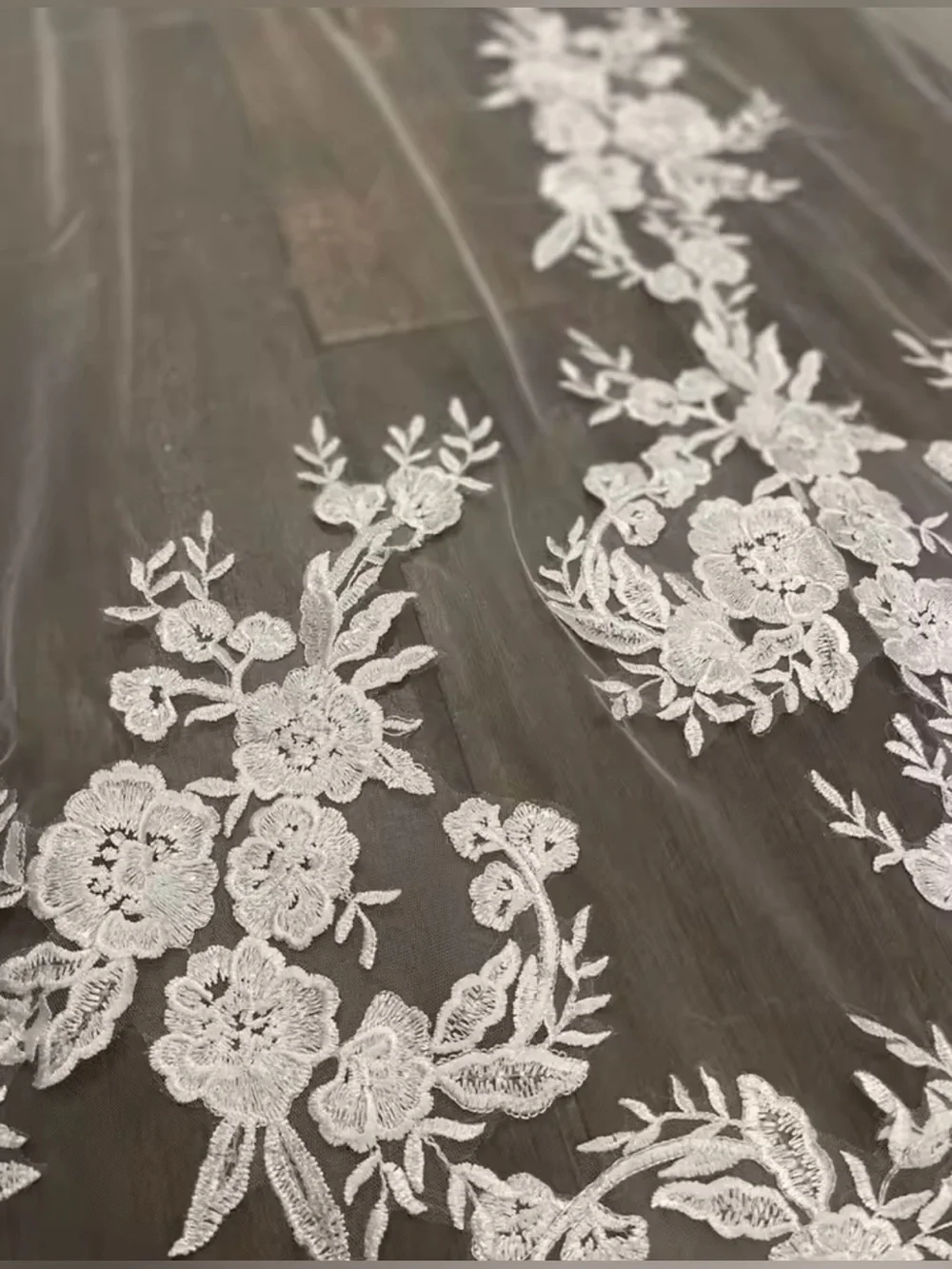 Cathedral-Length Bridal Veil with Floral Lace Appliqué - ivory